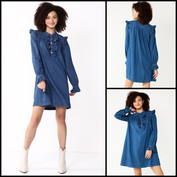 DRAPER JAMES RSVP Jean Sheath Mini  Blue Ruffled Denim Cottagecore Dress XXL - Picture 1 of 16